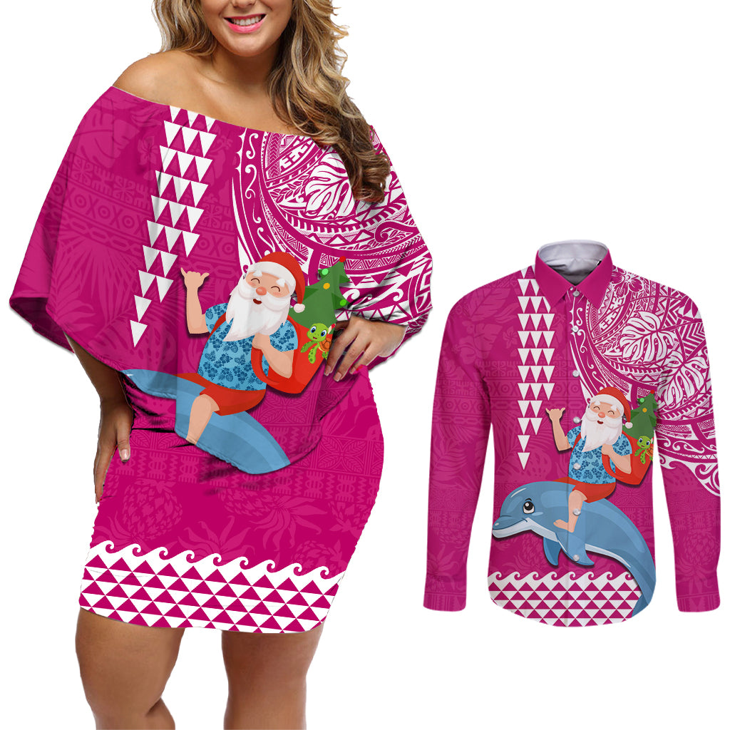 Hawaii Mele Kalikimaka Couples Matching Off Shoulder Short Dress and Long Sleeve Button Shirt Santa Riding The DolPhin Mix Kakau Pattern Pink Style LT03 Pink - Polynesian Pride