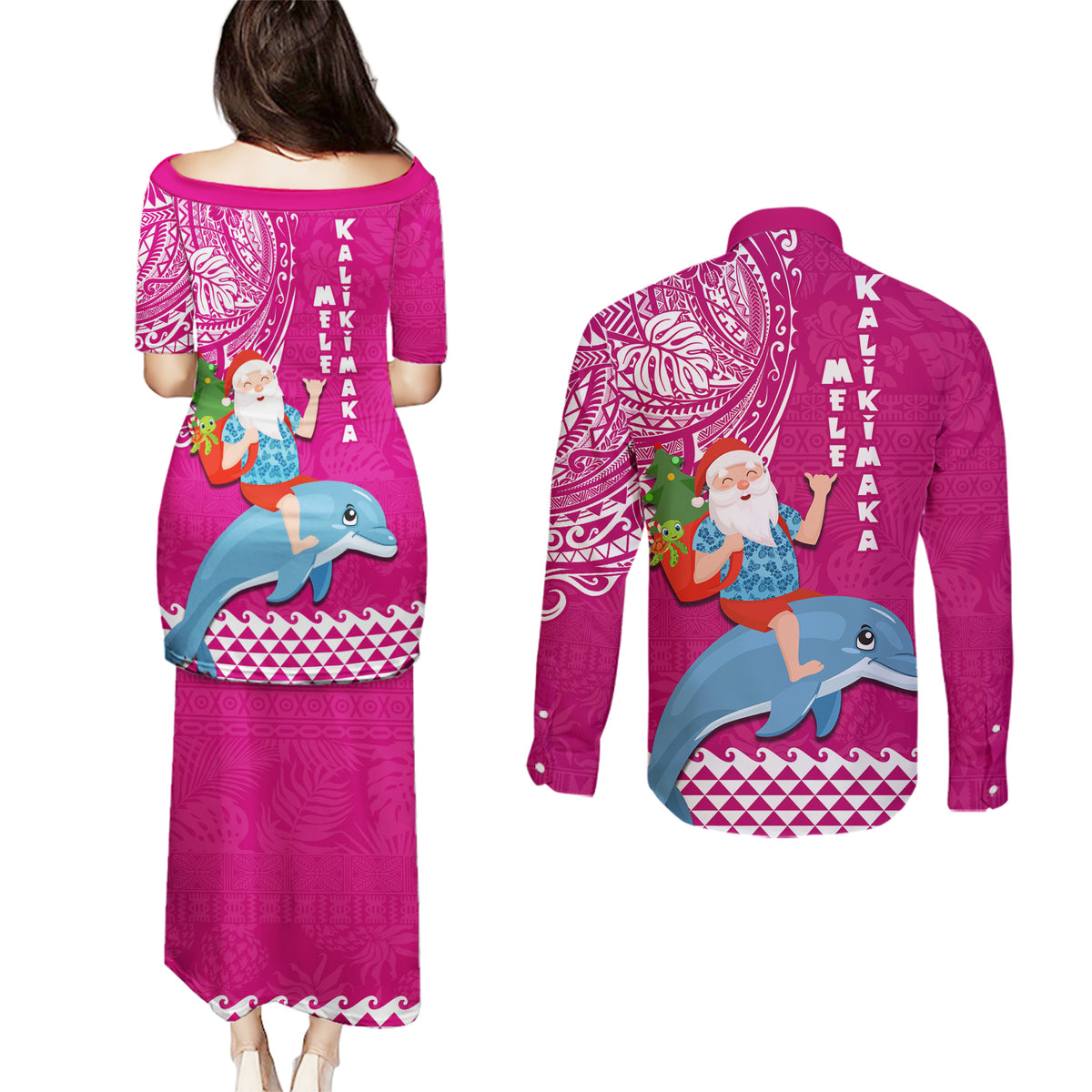 Hawaii Mele Kalikimaka Couples Matching Puletasi Dress and Long Sleeve Button Shirt Santa Riding The DolPhin Mix Kakau Pattern Pink Style LT03 - Polynesian Pride