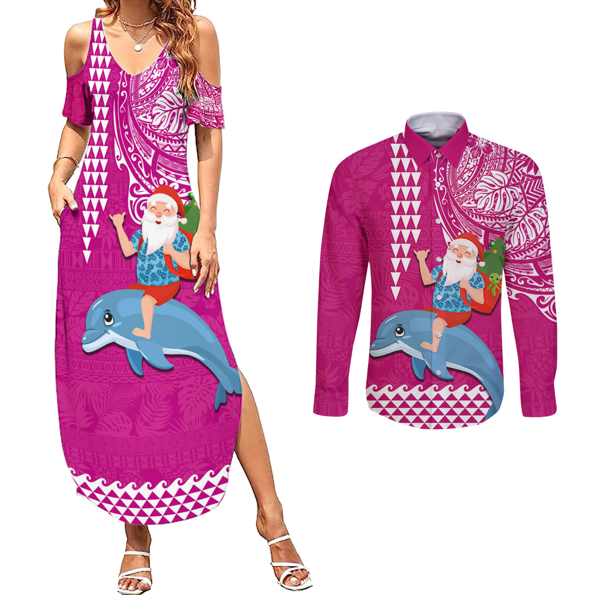 Hawaii Mele Kalikimaka Couples Matching Summer Maxi Dress and Long Sleeve Button Shirt Santa Riding The DolPhin Mix Kakau Pattern Pink Style LT03 Pink - Polynesian Pride