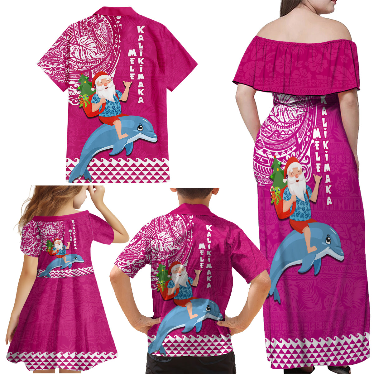 Hawaii Mele Kalikimaka Family Matching Off Shoulder Maxi Dress and Hawaiian Shirt Santa Riding The DolPhin Mix Kakau Pattern Pink Style LT03 - Polynesian Pride