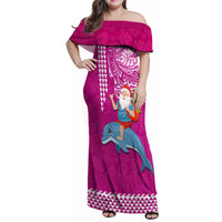 Hawaii Mele Kalikimaka Family Matching Off Shoulder Maxi Dress and Hawaiian Shirt Santa Riding The DolPhin Mix Kakau Pattern Pink Style LT03 Mom's Dress Pink - Polynesian Pride