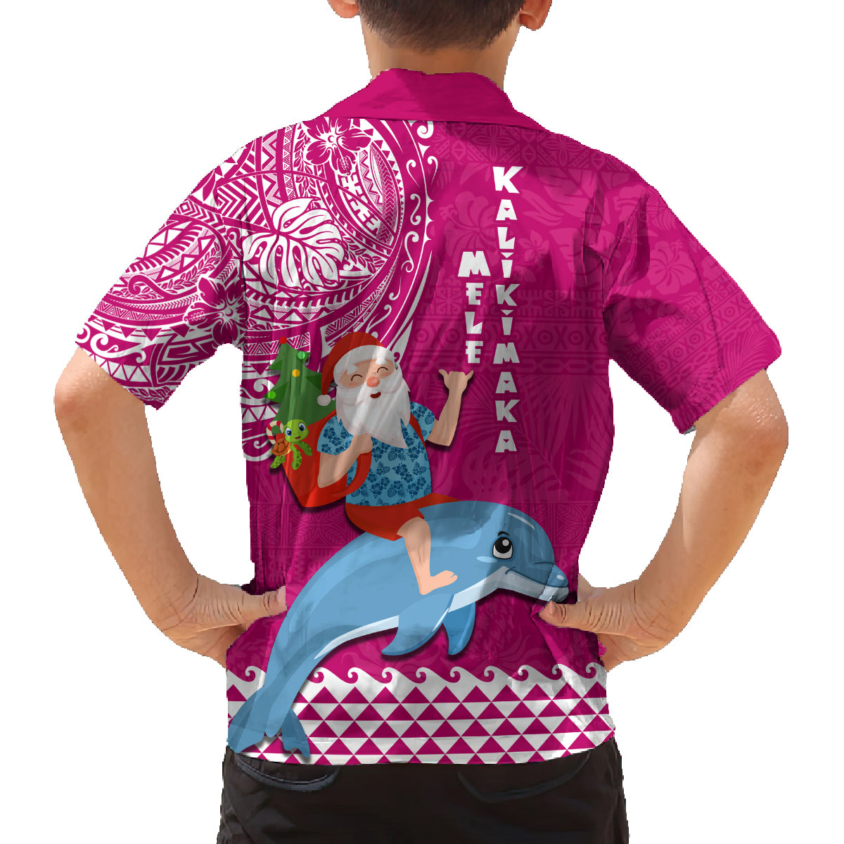 Hawaii Mele Kalikimaka Family Matching Puletasi Dress and Hawaiian Shirt Santa Riding The DolPhin Mix Kakau Pattern Pink Style LT03 - Polynesian Pride