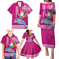 Hawaii Mele Kalikimaka Family Matching Puletasi Dress and Hawaiian Shirt Santa Riding The DolPhin Mix Kakau Pattern Pink Style LT03 - Polynesian Pride