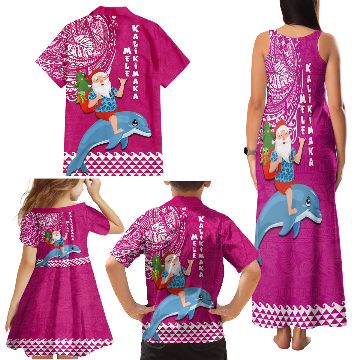 Hawaii Mele Kalikimaka Family Matching Tank Maxi Dress and Hawaiian Shirt Santa Riding The DolPhin Mix Kakau Pattern Pink Style LT03 - Polynesian Pride