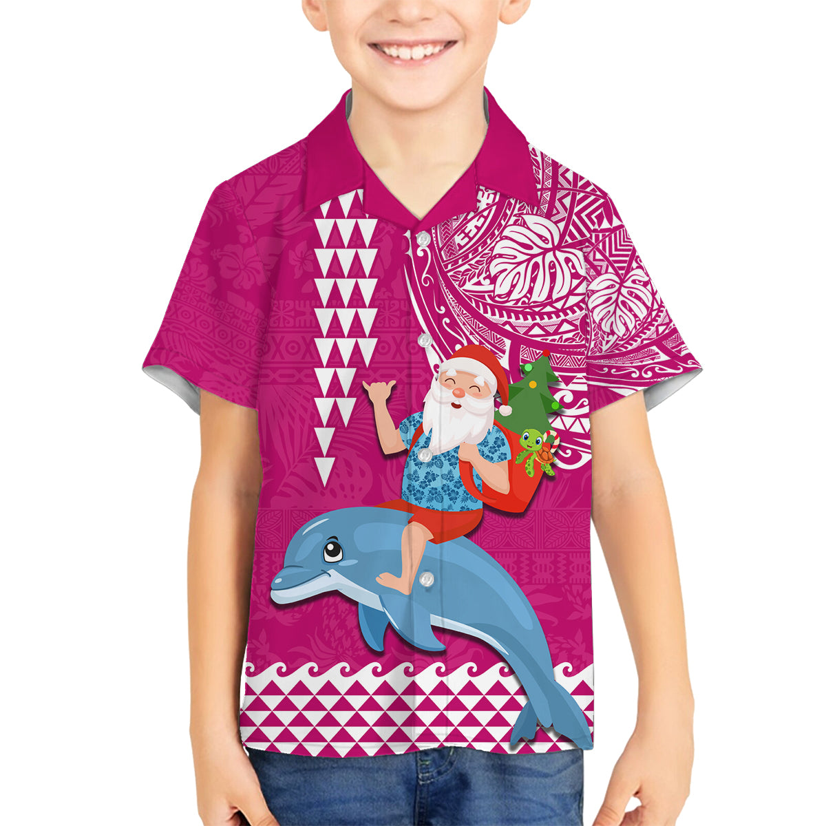 Hawaii Mele Kalikimaka Family Matching Tank Maxi Dress and Hawaiian Shirt Santa Riding The DolPhin Mix Kakau Pattern Pink Style LT03 Son's Shirt Pink - Polynesian Pride