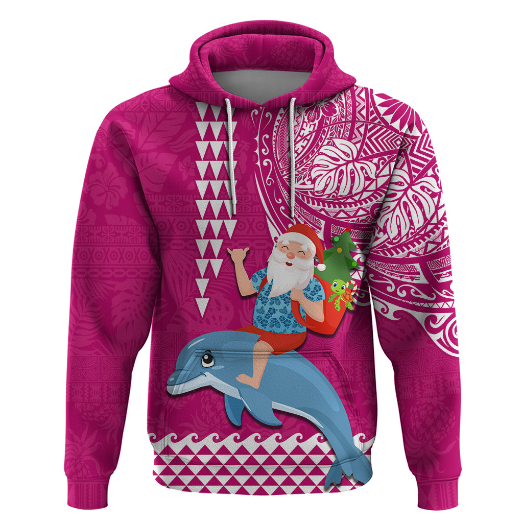 Hawaii Mele Kalikimaka Hoodie Santa Riding The DolPhin Mix Kakau Pattern Pink Style LT03 Pullover Hoodie Pink - Polynesian Pride