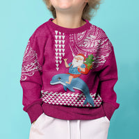 Hawaii Mele Kalikimaka Kid Ugly Christmas Sweater Santa Riding The DolPhin Mix Kakau Pattern Pink Style LT03 - Polynesian Pride