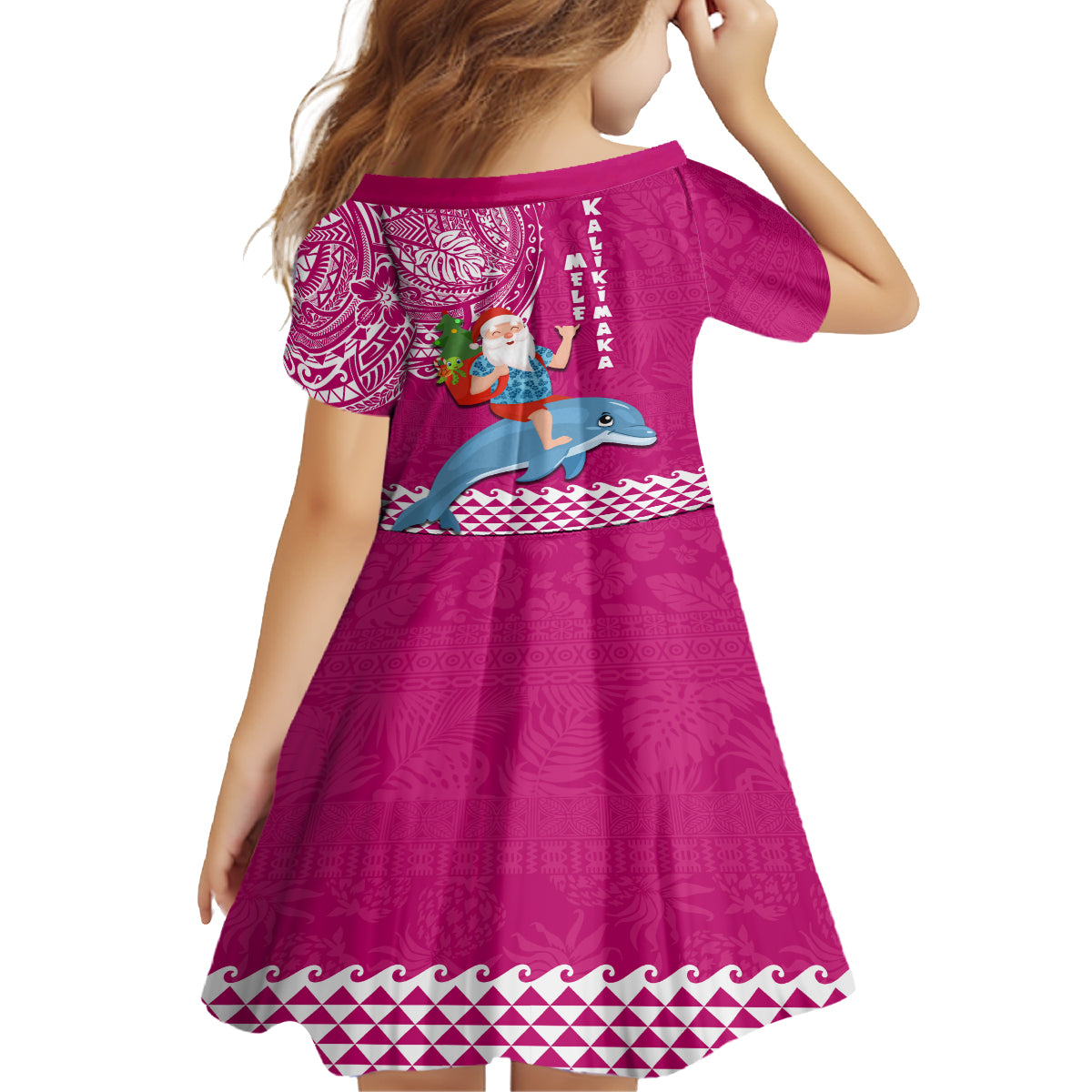 Hawaii Mele Kalikimaka Kid Short Sleeve Dress Santa Riding The DolPhin Mix Kakau Pattern Pink Style LT03 - Polynesian Pride