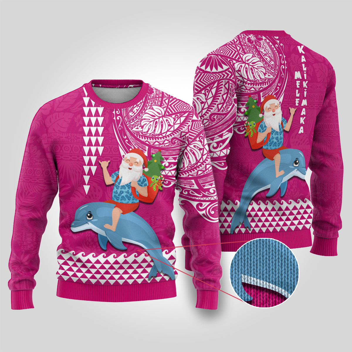 Hawaii Mele Kalikimaka Ugly Christmas Sweater Santa Riding The DolPhin Mix Kakau Pattern Pink Style LT03 Pink - Polynesian Pride