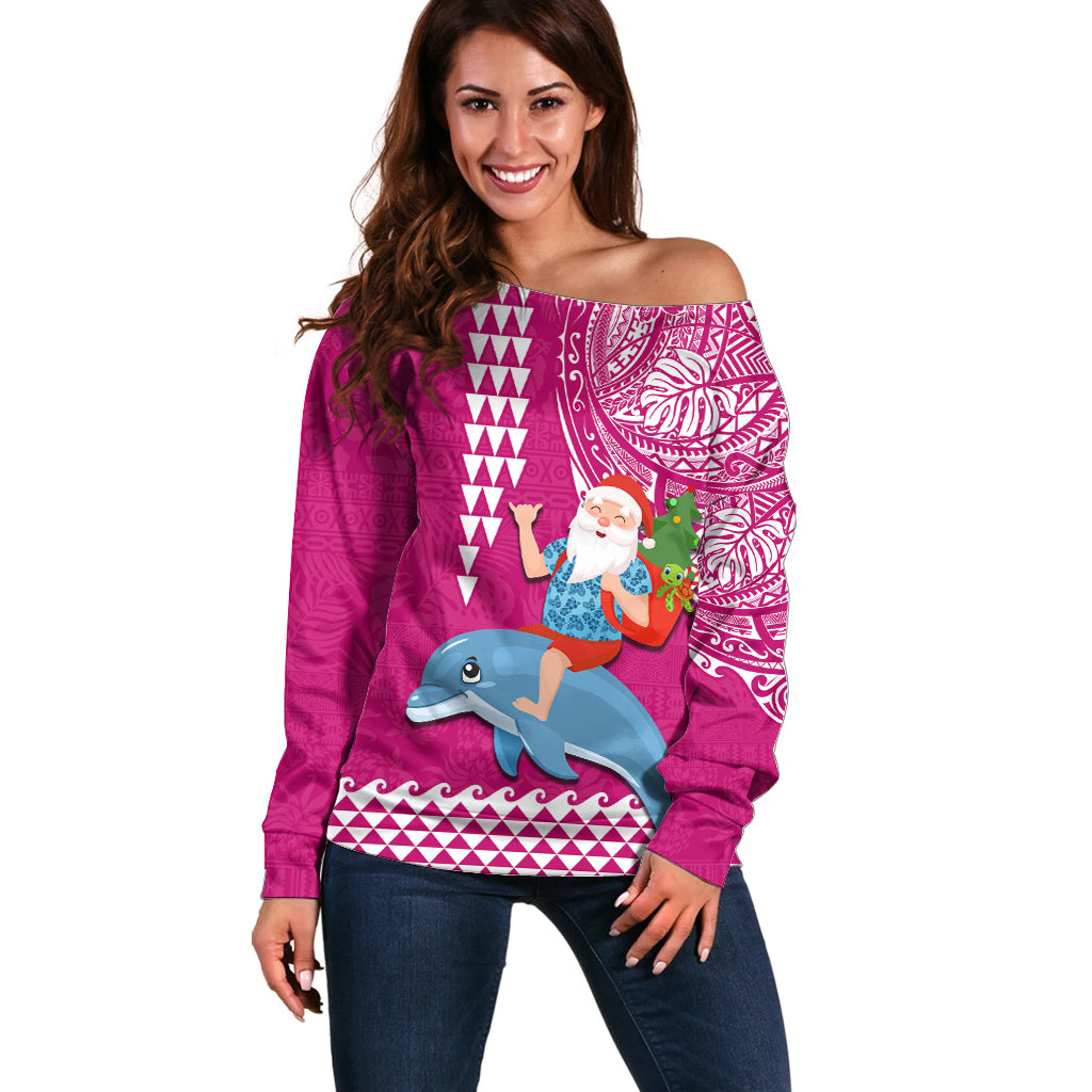 Hawaii Mele Kalikimaka Off Shoulder Sweater Santa Riding The DolPhin Mix Kakau Pattern Pink Style LT03 Women Pink - Polynesian Pride