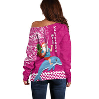 Hawaii Mele Kalikimaka Off Shoulder Sweater Santa Riding The DolPhin Mix Kakau Pattern Pink Style LT03 - Polynesian Pride