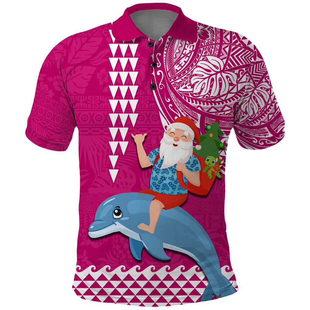 Hawaii Mele Kalikimaka Polo Shirt Santa Riding The DolPhin Mix Kakau Pattern Pink Style LT03 Pink - Polynesian Pride