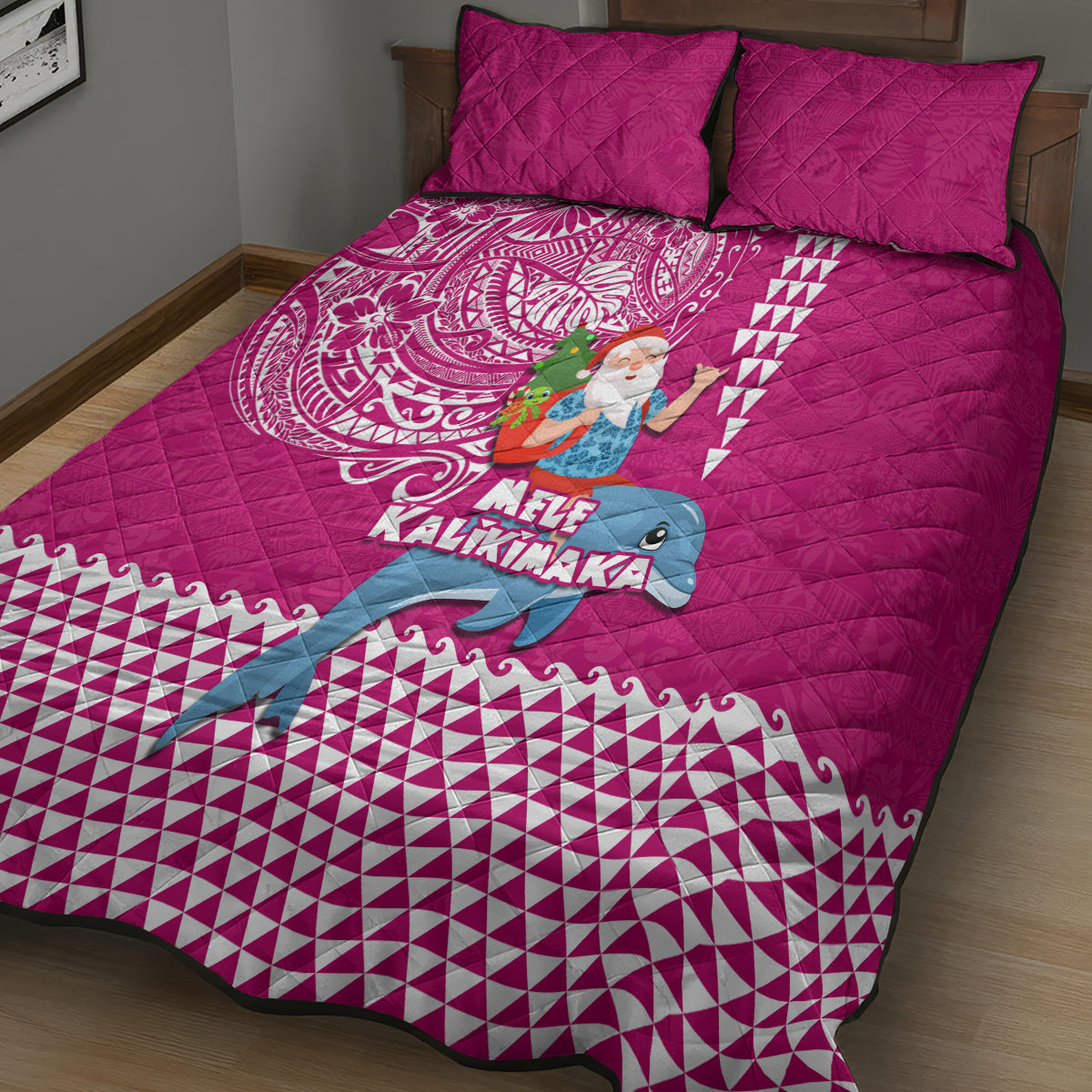 Hawaii Mele Kalikimaka Quilt Bed Set Santa Riding The DolPhin Mix Kakau Pattern Pink Style LT03 - Polynesian Pride