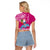 Hawaii Mele Kalikimaka Raglan Cropped T Shirt Santa Riding The DolPhin Mix Kakau Pattern Pink Style LT03 - Polynesian Pride