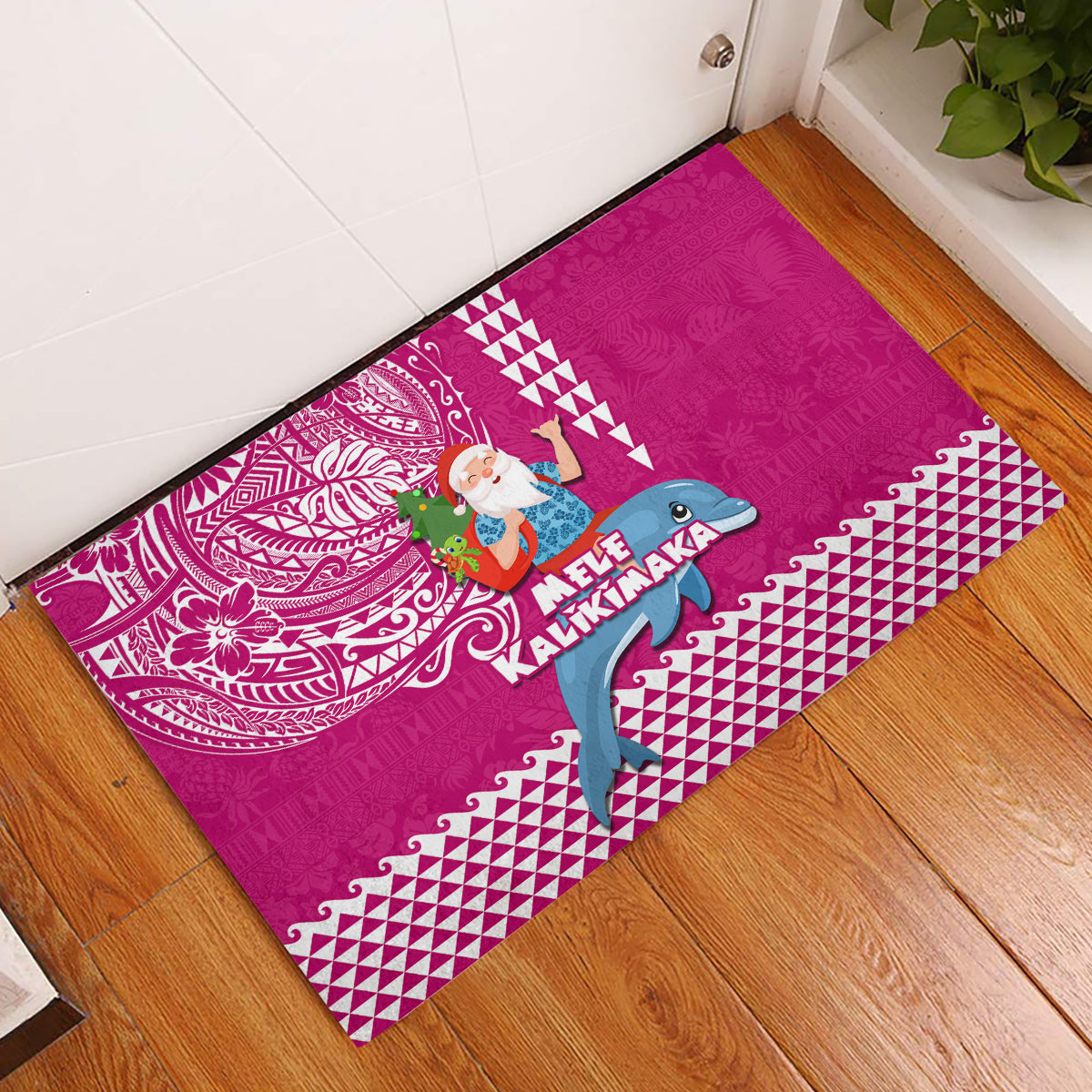 Hawaii Mele Kalikimaka Rubber Doormat Santa Riding The DolPhin Mix Kakau Pattern Pink Style LT03 Pink - Polynesian Pride
