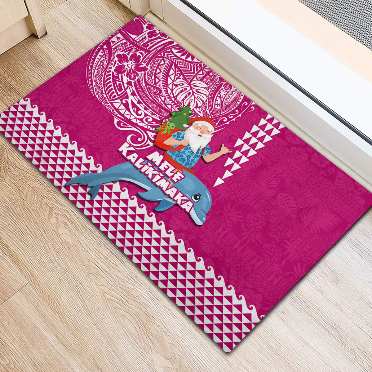Hawaii Mele Kalikimaka Rubber Doormat Santa Riding The DolPhin Mix Kakau Pattern Pink Style LT03 - Polynesian Pride