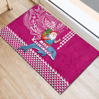 Hawaii Mele Kalikimaka Rubber Doormat Santa Riding The DolPhin Mix Kakau Pattern Pink Style LT03 - Polynesian Pride