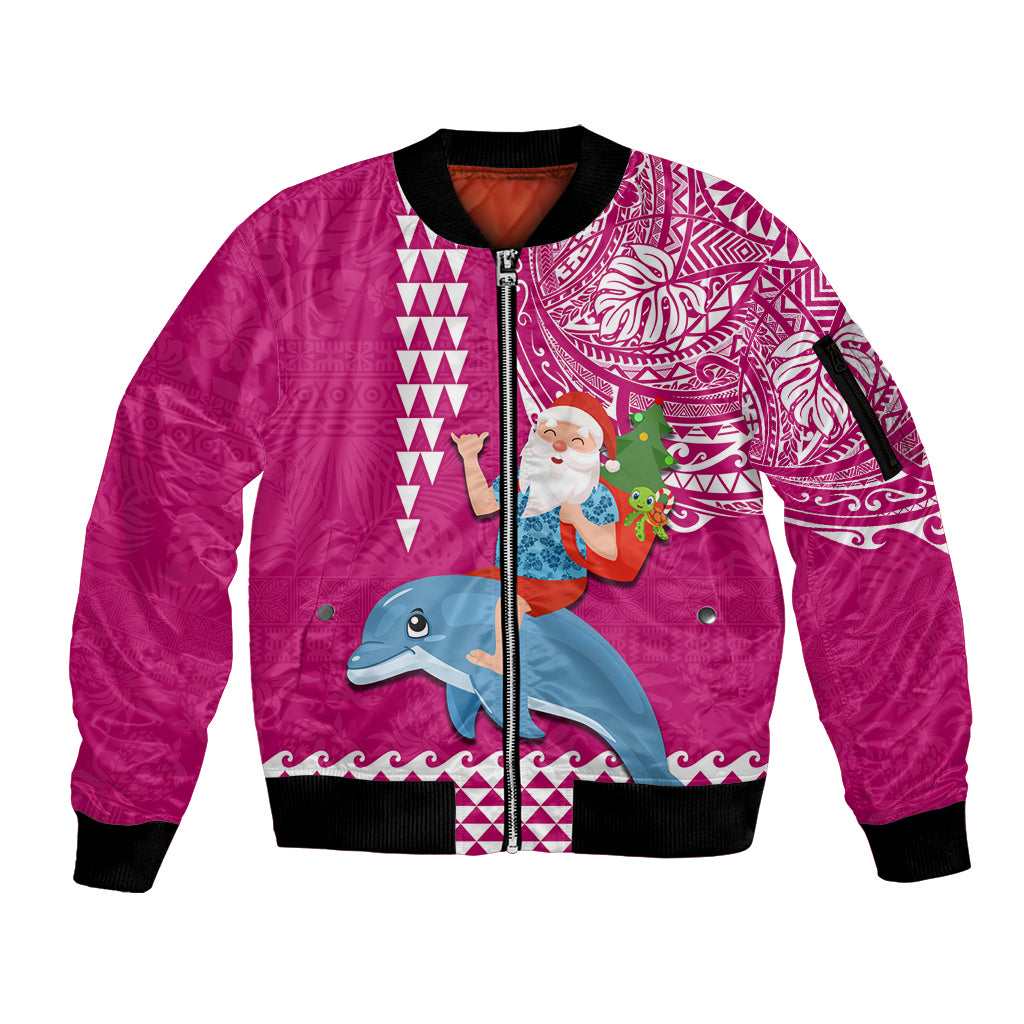 Hawaii Mele Kalikimaka Sleeve Zip Bomber Jacket Santa Riding The DolPhin Mix Kakau Pattern Pink Style LT03 Unisex Pink - Polynesian Pride