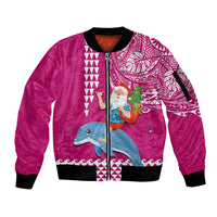 Hawaii Mele Kalikimaka Sleeve Zip Bomber Jacket Santa Riding The DolPhin Mix Kakau Pattern Pink Style LT03 Unisex Pink - Polynesian Pride