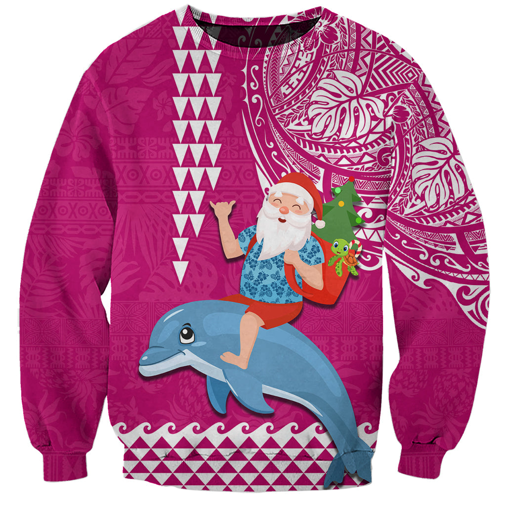 Hawaii Mele Kalikimaka Sweatshirt Santa Riding The DolPhin Mix Kakau Pattern Pink Style LT03 Unisex Pink - Polynesian Pride