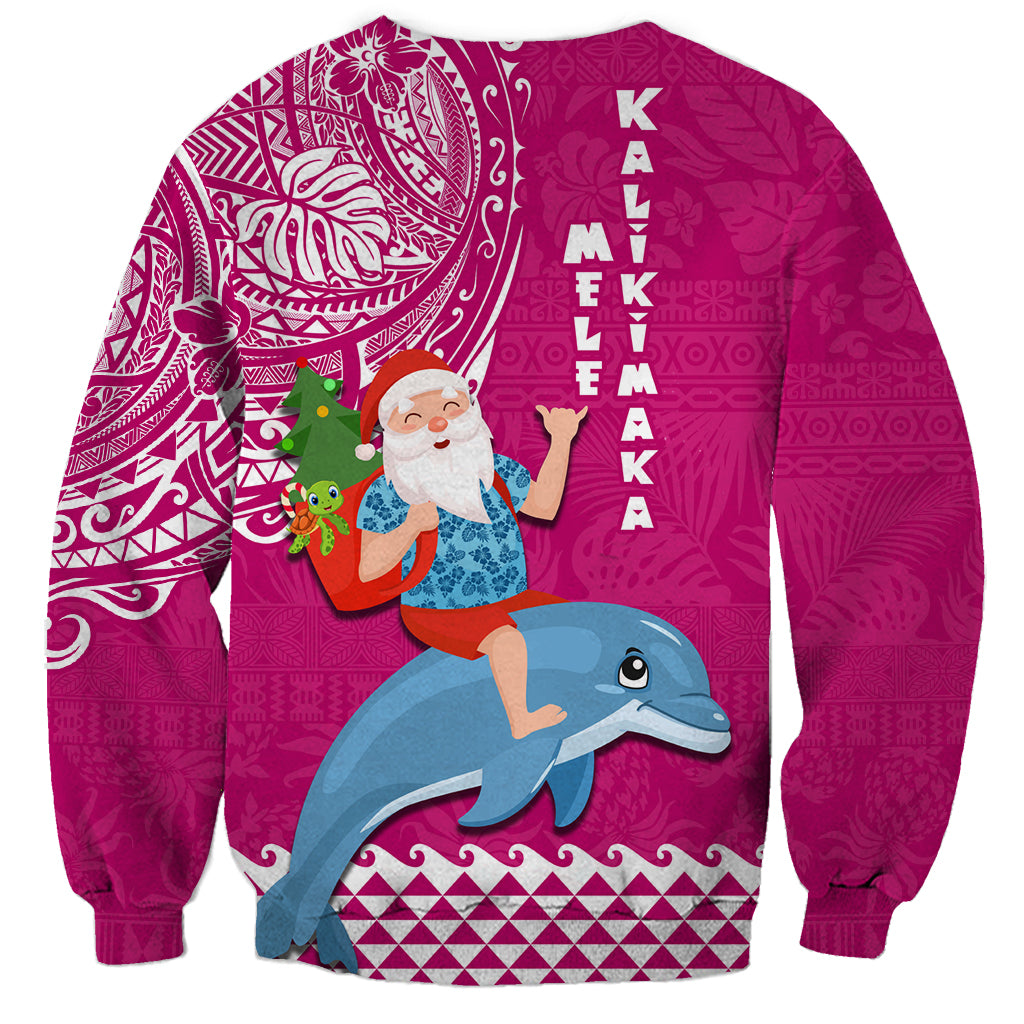 Hawaii Mele Kalikimaka Sweatshirt Santa Riding The DolPhin Mix Kakau Pattern Pink Style LT03 - Polynesian Pride