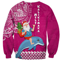 Hawaii Mele Kalikimaka Sweatshirt Santa Riding The DolPhin Mix Kakau Pattern Pink Style LT03 - Polynesian Pride