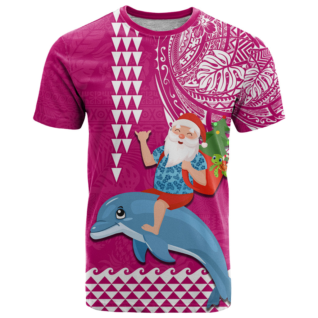 Hawaii Mele Kalikimaka T Shirt Santa Riding The DolPhin Mix Kakau Pattern Pink Style LT03 Pink - Polynesian Pride