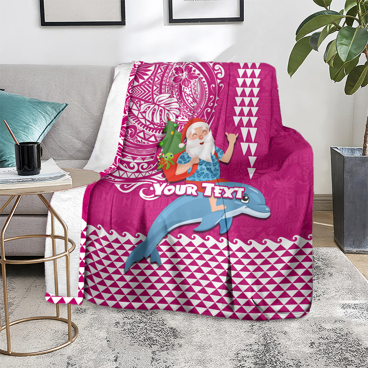 Custom Hawaii Mele Kalikimaka Blanket Santa Riding The DolPhin Mix Kakau Pattern Pink Style LT03 - Polynesian Pride
