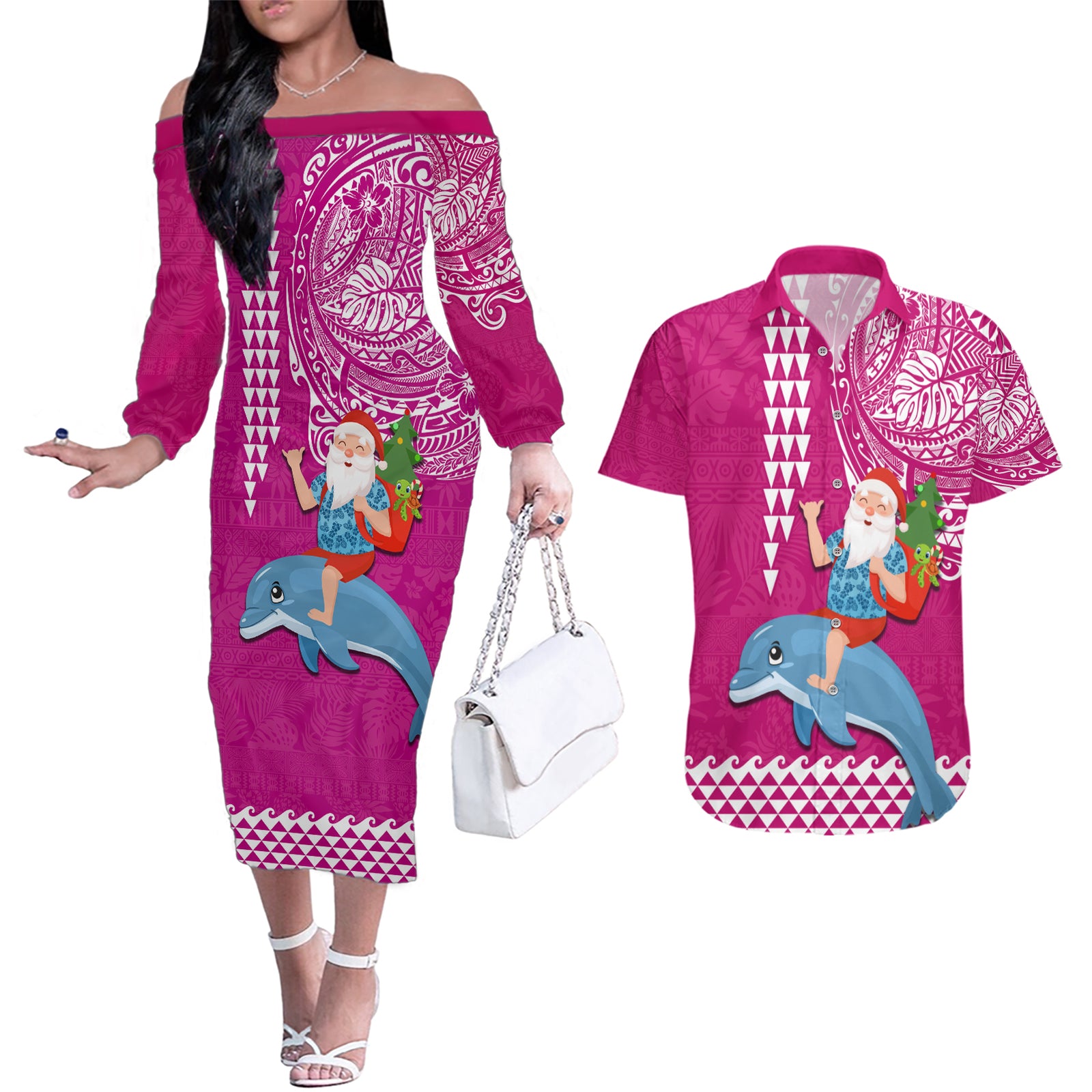 Custom Hawaii Mele Kalikimaka Couples Matching Off The Shoulder Long Sleeve Dress and Hawaiian Shirt Santa Riding The DolPhin Mix Kakau Pattern Pink Style LT03 Pink - Polynesian Pride