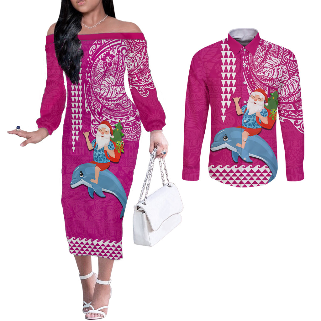 Custom Hawaii Mele Kalikimaka Couples Matching Off The Shoulder Long Sleeve Dress and Long Sleeve Button Shirt Santa Riding The DolPhin Mix Kakau Pattern Pink Style LT03 Pink - Polynesian Pride