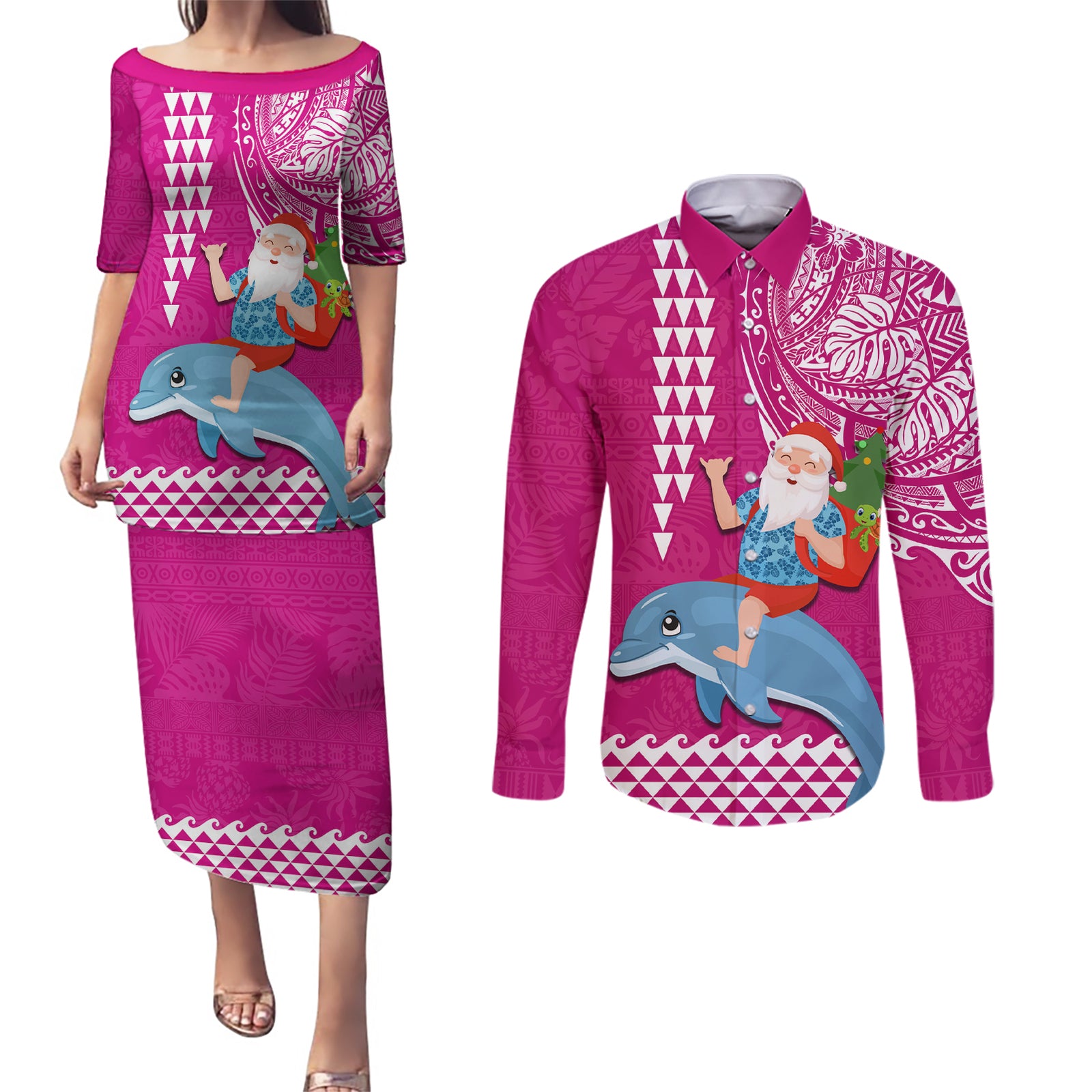 Custom Hawaii Mele Kalikimaka Couples Matching Puletasi Dress and Long Sleeve Button Shirt Santa Riding The DolPhin Mix Kakau Pattern Pink Style LT03 Pink - Polynesian Pride