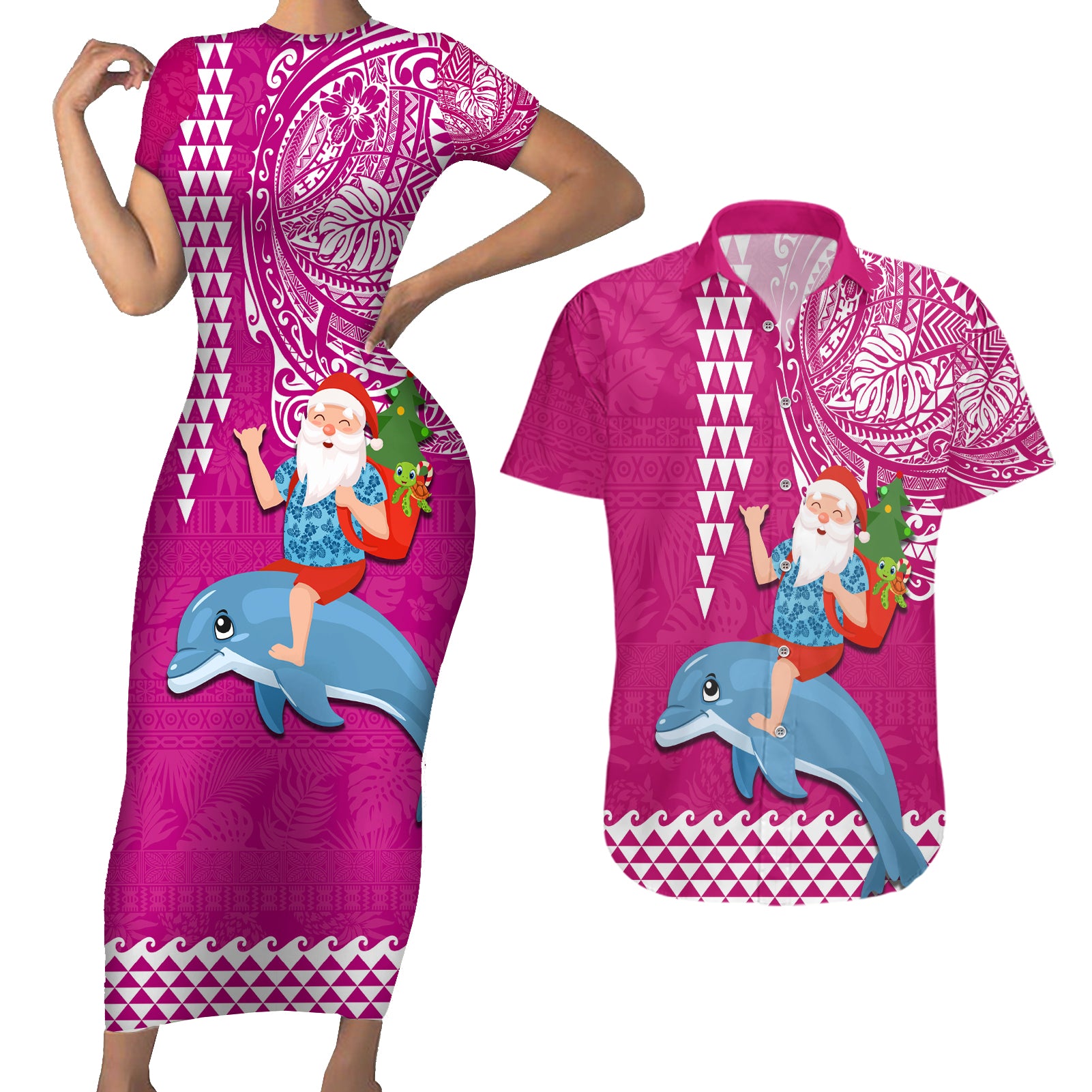 Custom Hawaii Mele Kalikimaka Couples Matching Short Sleeve Bodycon Dress and Hawaiian Shirt Santa Riding The DolPhin Mix Kakau Pattern Pink Style LT03 Pink - Polynesian Pride