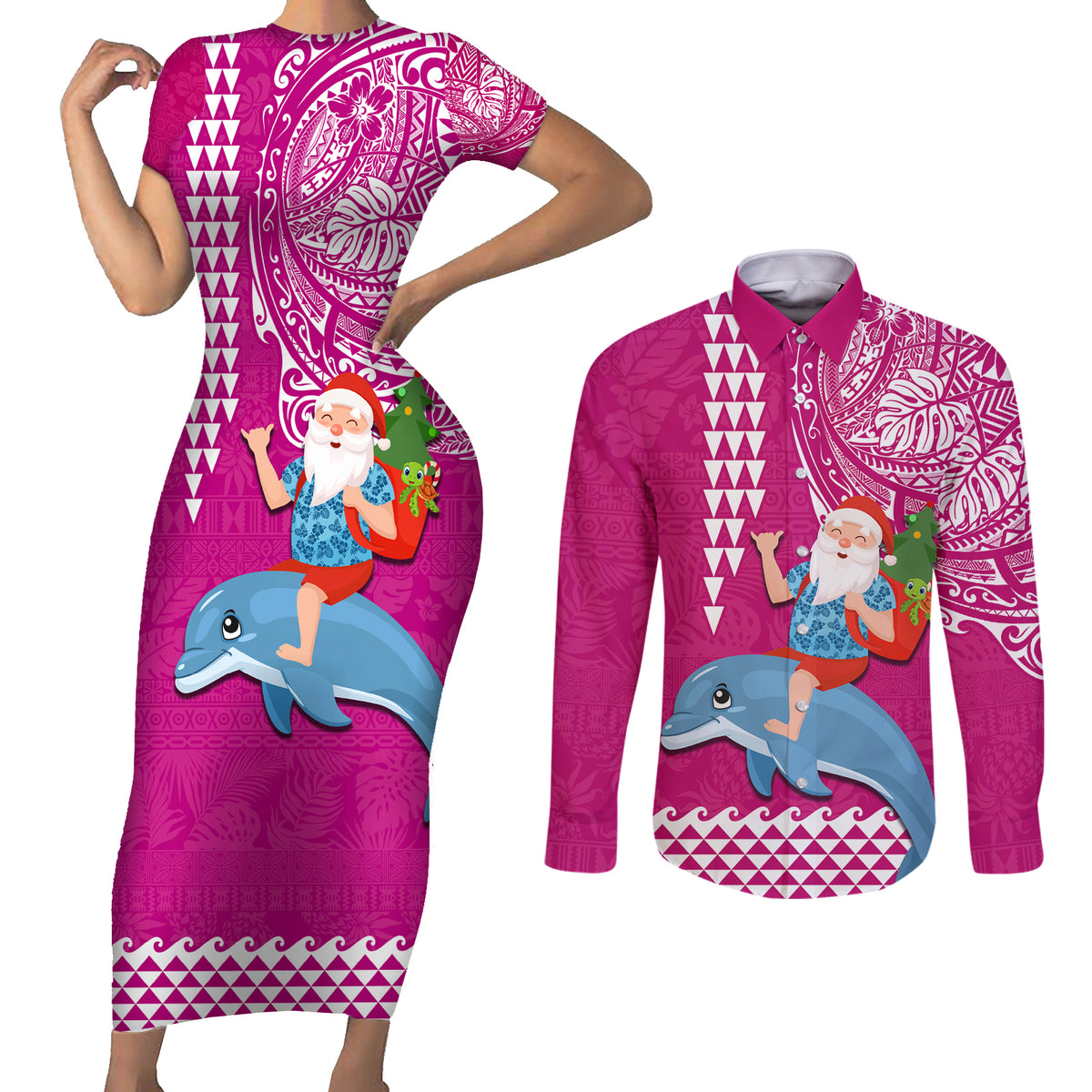 Custom Hawaii Mele Kalikimaka Couples Matching Short Sleeve Bodycon Dress and Long Sleeve Button Shirt Santa Riding The DolPhin Mix Kakau Pattern Pink Style LT03 Pink - Polynesian Pride