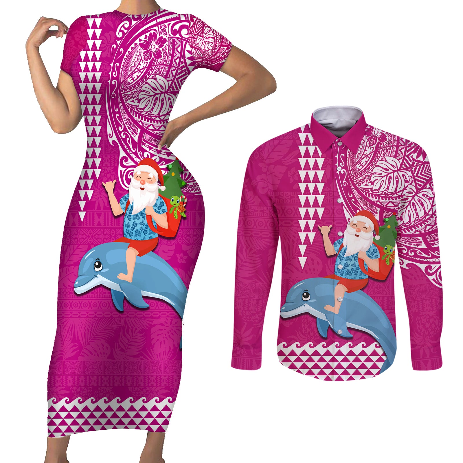 Custom Hawaii Mele Kalikimaka Couples Matching Short Sleeve Bodycon Dress and Long Sleeve Button Shirt Santa Riding The DolPhin Mix Kakau Pattern Pink Style LT03 Pink - Polynesian Pride