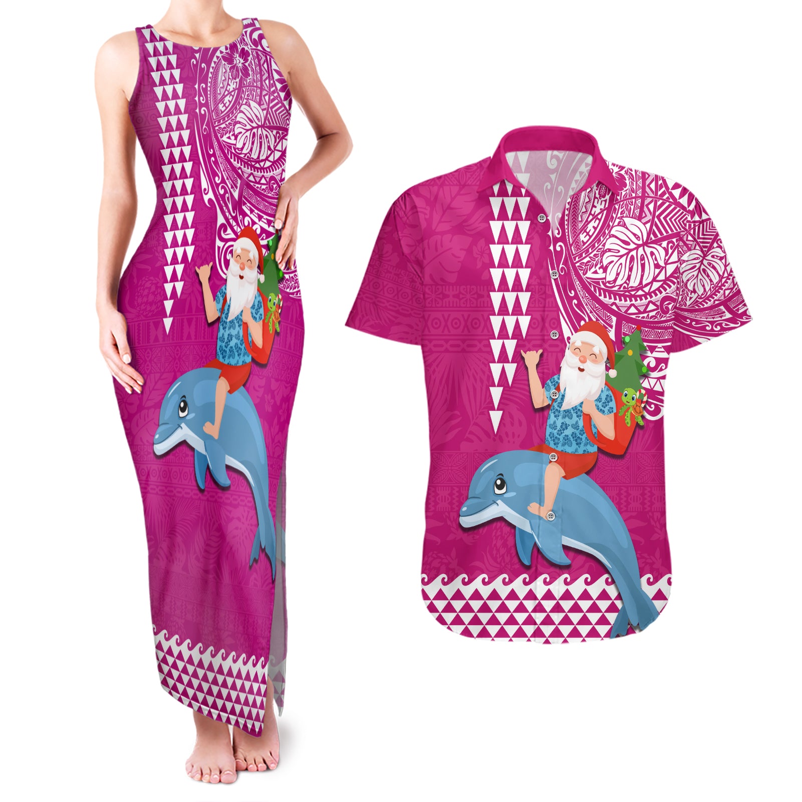 Custom Hawaii Mele Kalikimaka Couples Matching Tank Maxi Dress and Hawaiian Shirt Santa Riding The DolPhin Mix Kakau Pattern Pink Style LT03 Pink - Polynesian Pride