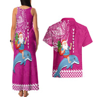 Custom Hawaii Mele Kalikimaka Couples Matching Tank Maxi Dress and Hawaiian Shirt Santa Riding The DolPhin Mix Kakau Pattern Pink Style LT03 - Polynesian Pride
