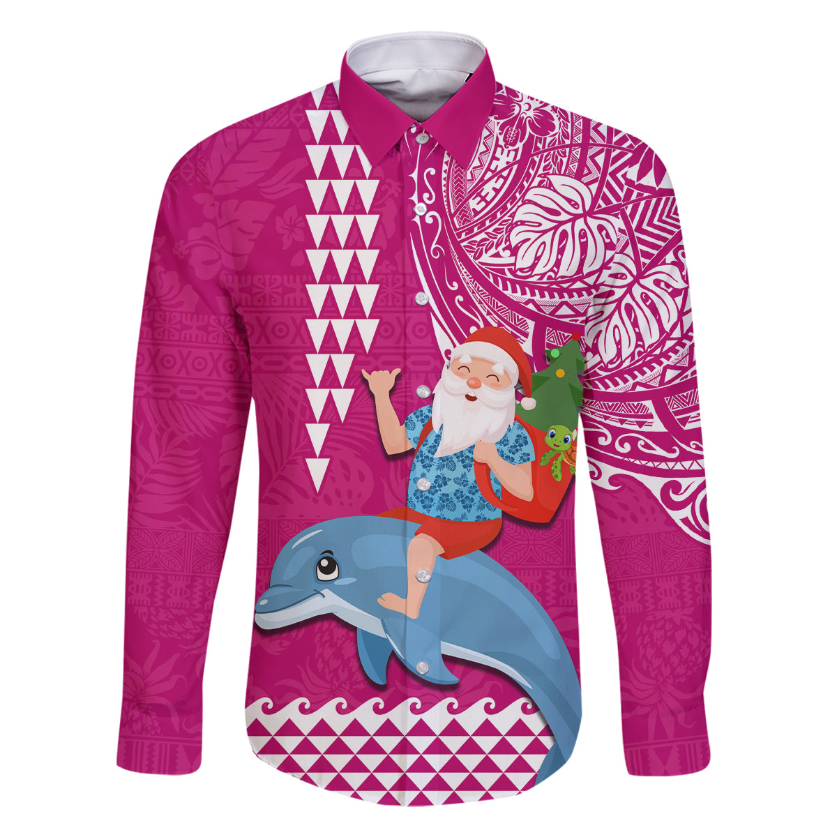 Custom Hawaii Mele Kalikimaka Family Matching Long Sleeve Bodycon Dress and Hawaiian Shirt Santa Riding The DolPhin Mix Kakau Pattern Pink Style LT03 Dad's Shirt - Long Sleeve Pink - Polynesian Pride