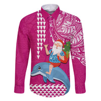 Custom Hawaii Mele Kalikimaka Family Matching Long Sleeve Bodycon Dress and Hawaiian Shirt Santa Riding The DolPhin Mix Kakau Pattern Pink Style LT03 Dad's Shirt - Long Sleeve Pink - Polynesian Pride