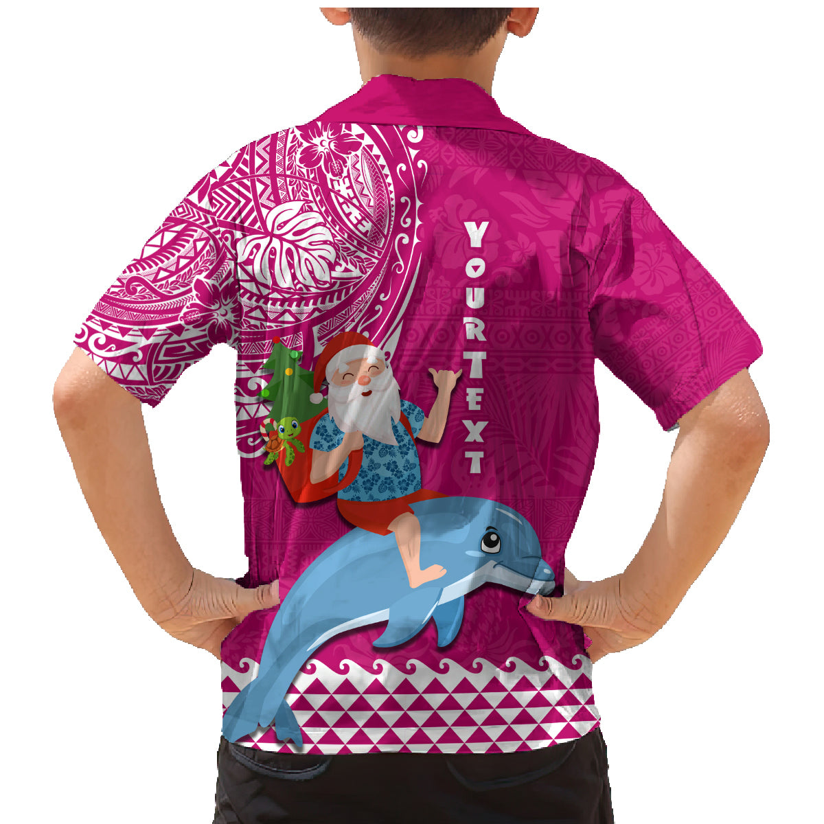 Custom Hawaii Mele Kalikimaka Family Matching Mermaid Dress and Hawaiian Shirt Santa Riding The DolPhin Mix Kakau Pattern Pink Style LT03 - Polynesian Pride