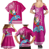 Custom Hawaii Mele Kalikimaka Family Matching Summer Maxi Dress and Hawaiian Shirt Santa Riding The DolPhin Mix Kakau Pattern Pink Style LT03 - Polynesian Pride