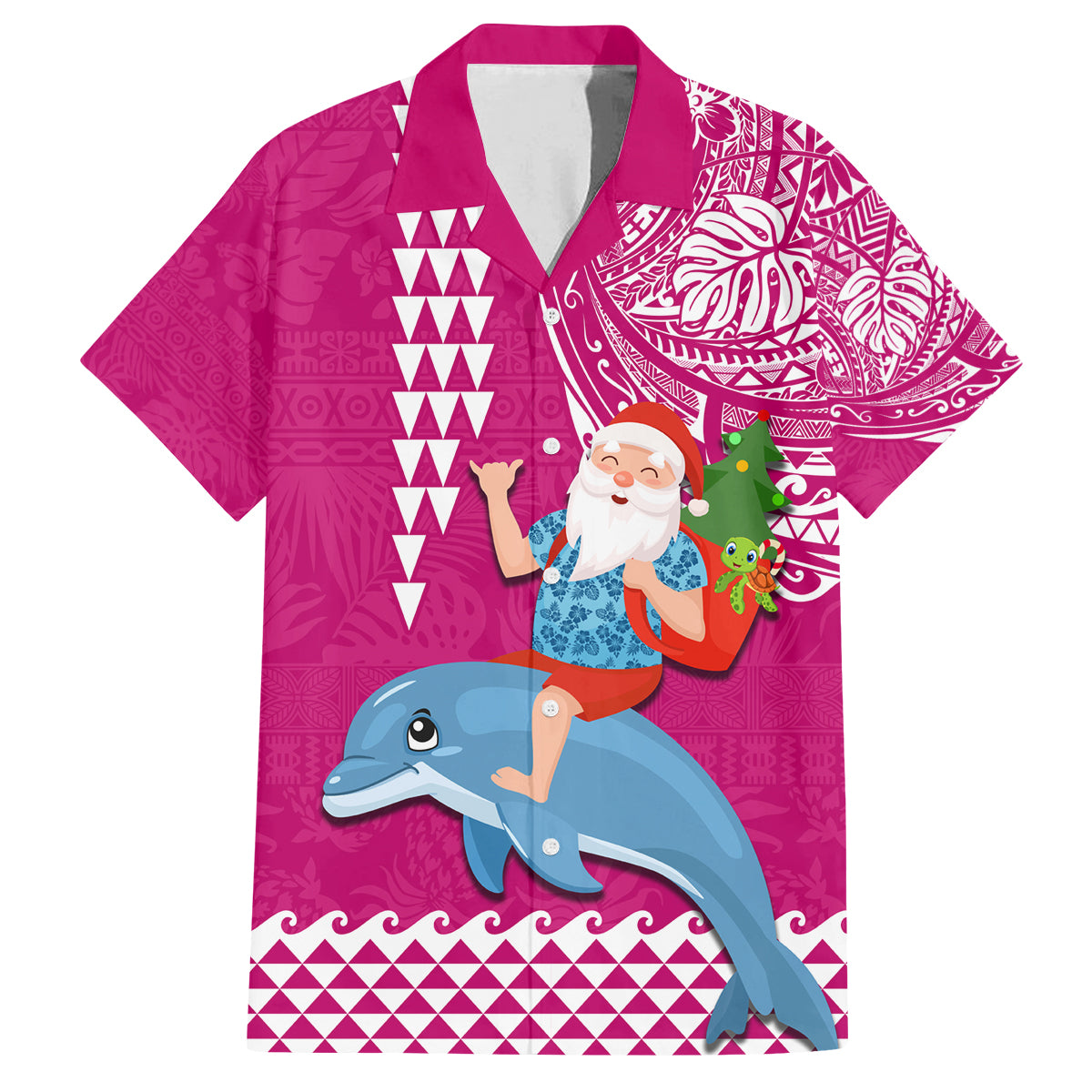 Custom Hawaii Mele Kalikimaka Family Matching Tank Maxi Dress and Hawaiian Shirt Santa Riding The DolPhin Mix Kakau Pattern Pink Style LT03 Dad's Shirt - Short Sleeve Pink - Polynesian Pride