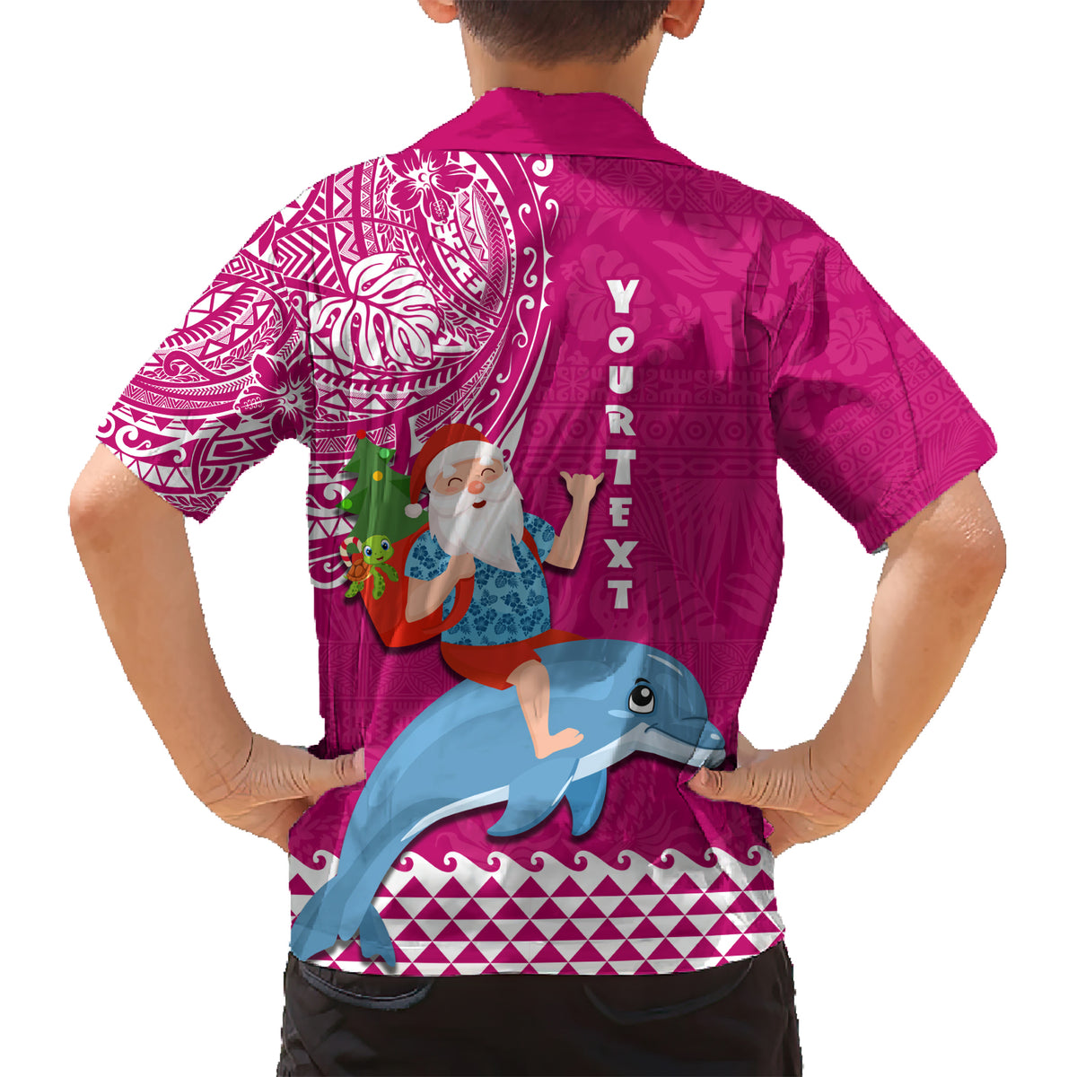 Custom Hawaii Mele Kalikimaka Kid Hawaiian Shirt Santa Riding The DolPhin Mix Kakau Pattern Pink Style LT03 - Polynesian Pride