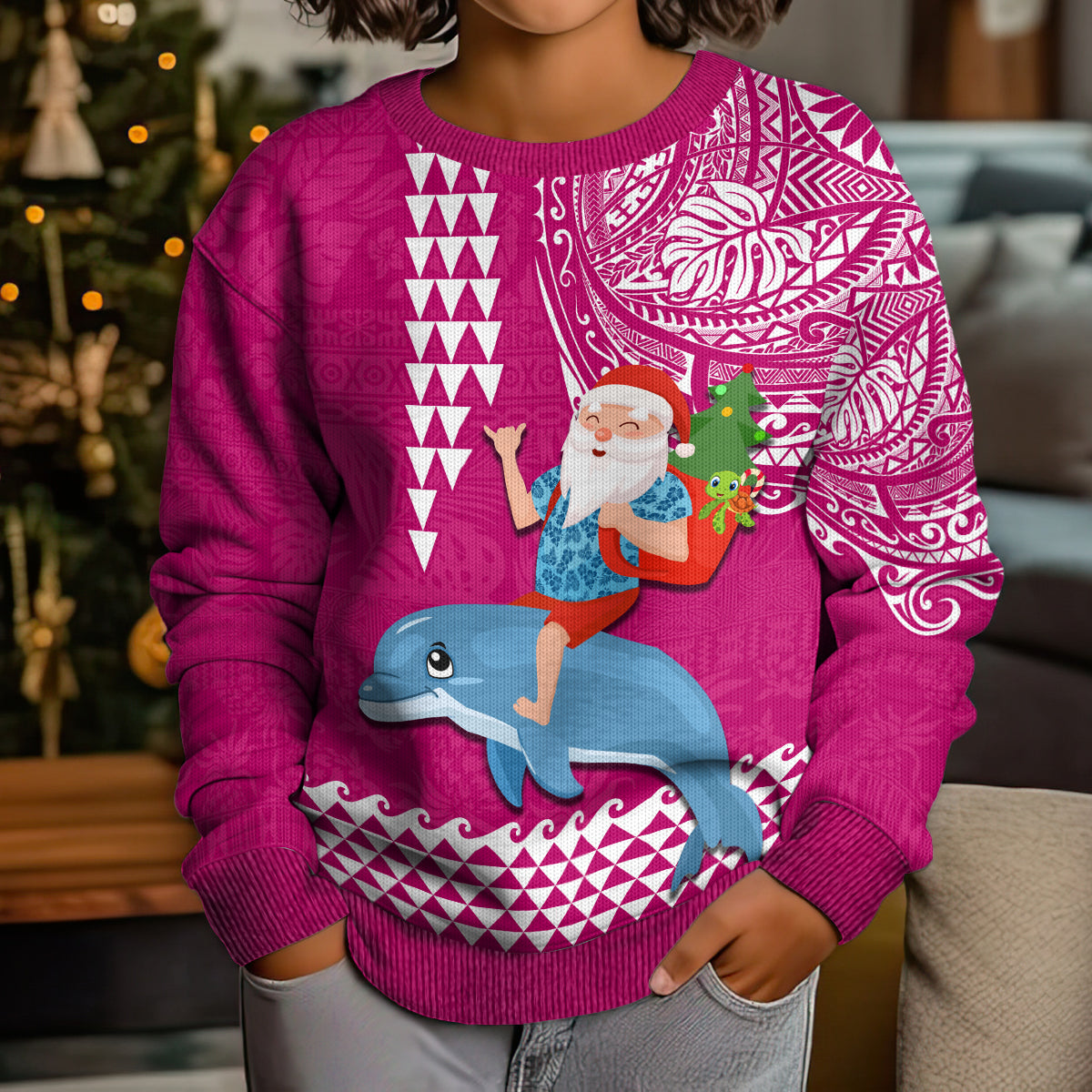 Custom Hawaii Mele Kalikimaka Kid Ugly Christmas Sweater Santa Riding The DolPhin Mix Kakau Pattern Pink Style LT03 - Polynesian Pride