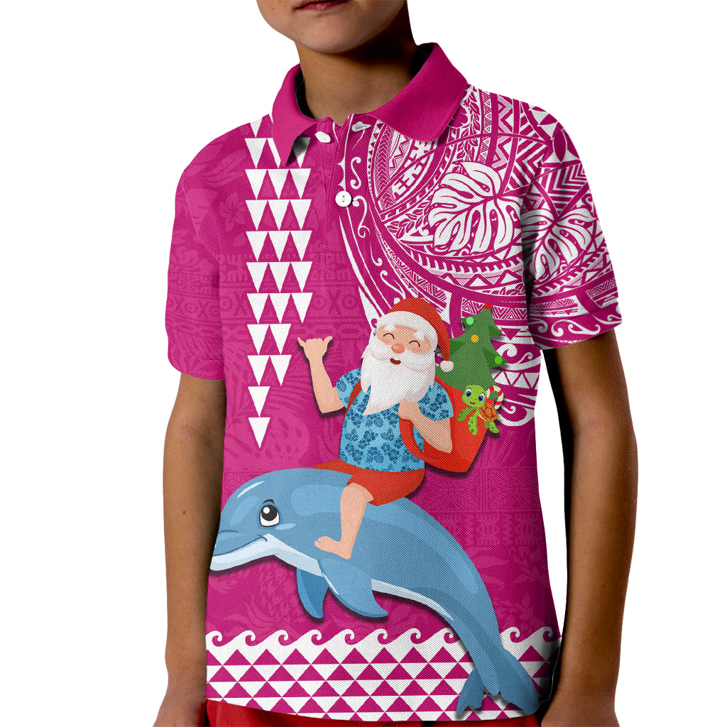 Custom Hawaii Mele Kalikimaka Kid Polo Shirt Santa Riding The DolPhin Mix Kakau Pattern Pink Style LT03 Kid Pink - Polynesian Pride