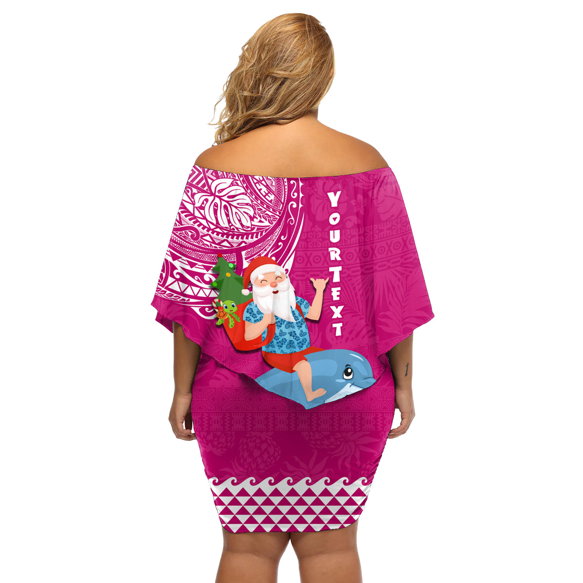 Custom Hawaii Mele Kalikimaka Off Shoulder Short Dress Santa Riding The DolPhin Mix Kakau Pattern Pink Style LT03 - Polynesian Pride