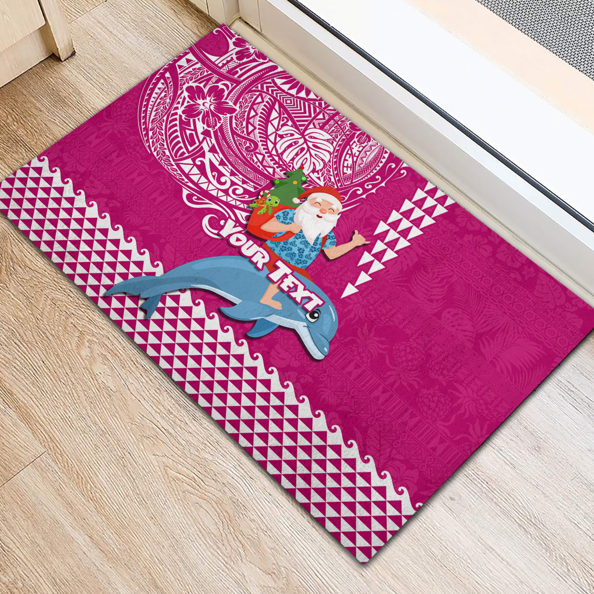 Custom Hawaii Mele Kalikimaka Rubber Doormat Santa Riding The DolPhin Mix Kakau Pattern Pink Style LT03 - Polynesian Pride