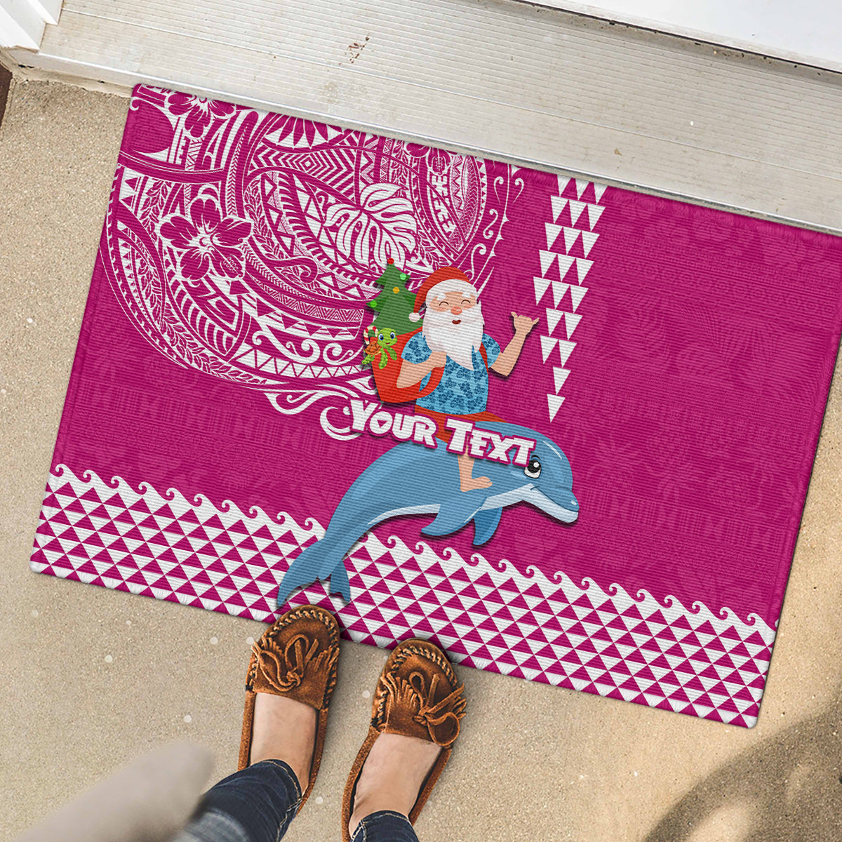 Custom Hawaii Mele Kalikimaka Rubber Doormat Santa Riding The DolPhin Mix Kakau Pattern Pink Style LT03 - Polynesian Pride