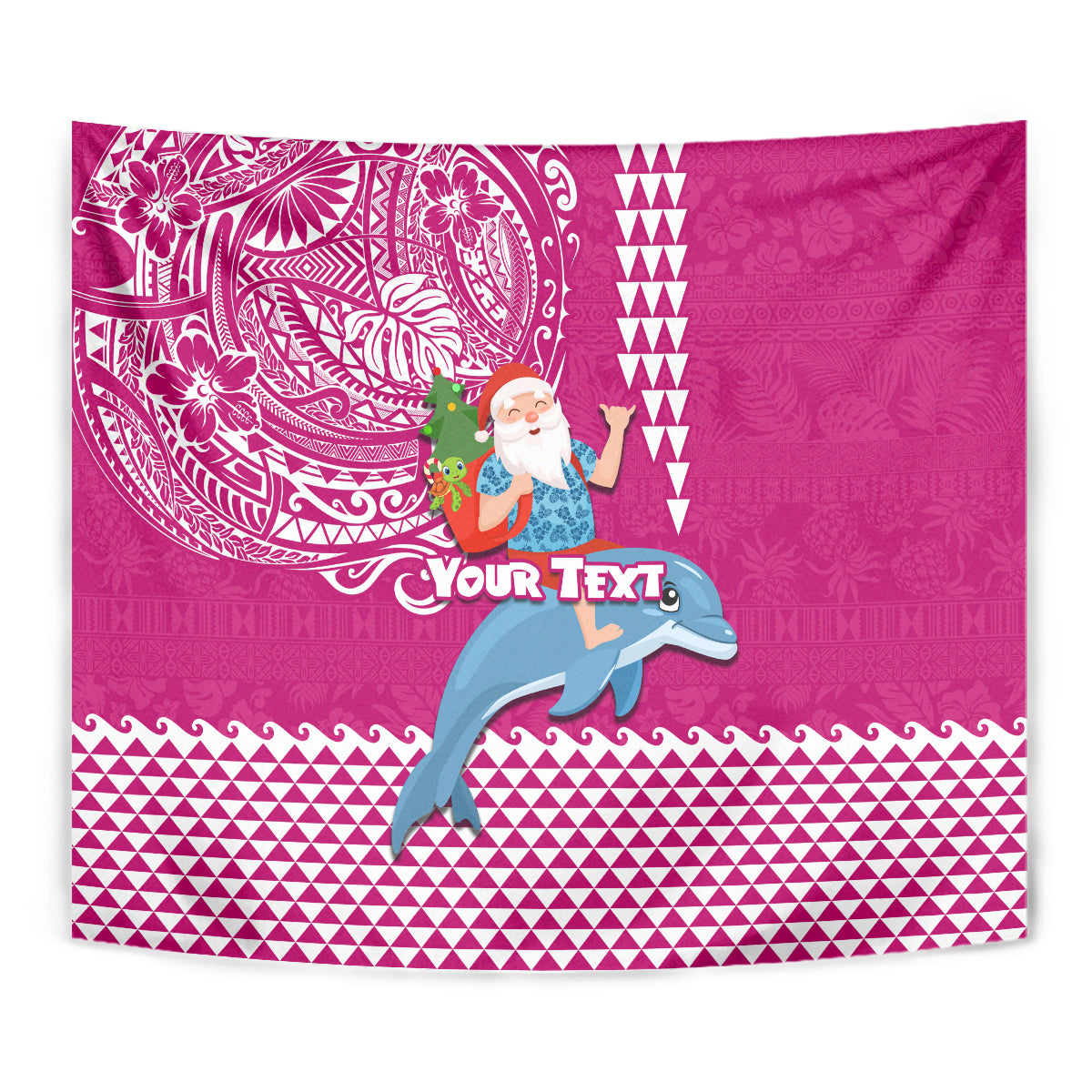 Custom Hawaii Mele Kalikimaka Tapestry Santa Riding The DolPhin Mix Kakau Pattern Pink Style LT03 - Polynesian Pride