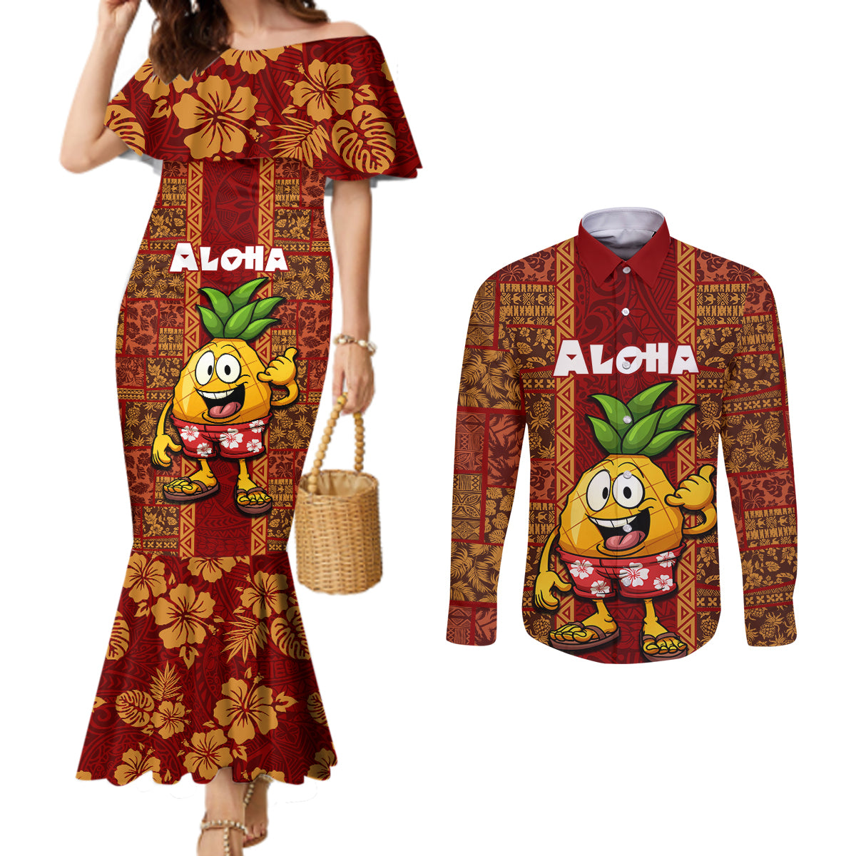 Hawaii Couples Matching Mermaid Dress and Long Sleeve Button Shirt Aloha Funny Pineapple Mix Kakau Hawaiian Tribal LT03 Red - Polynesian Pride