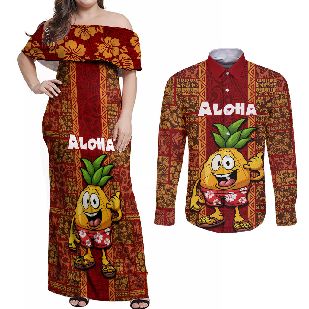 Hawaii Couples Matching Off Shoulder Maxi Dress and Long Sleeve Button Shirt Aloha Funny Pineapple Mix Kakau Hawaiian Tribal LT03 Red - Polynesian Pride